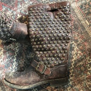 Frye studded disc distressed harness boots